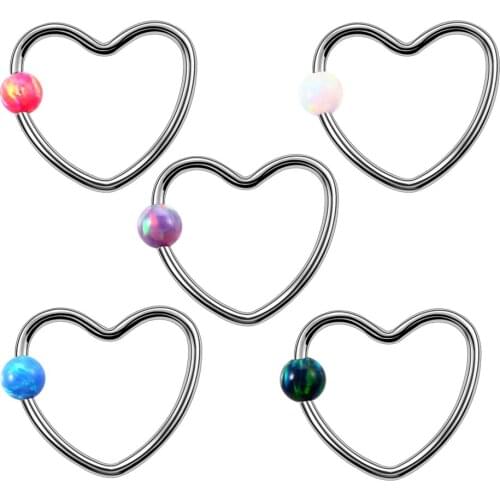 16G 1Pc Heart Shaped Septum Ring Stainless Steel Piercing Opal Ball Nose Ring Cartilage Earrings Tragus Piercing Body Jewelry