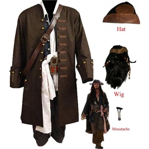 Jack Sparrow Cosplay clothing Pirates of the Caribbean Jacket Vest Belt Shirt Pants Costume Set Halloween Wig and hat Shoes