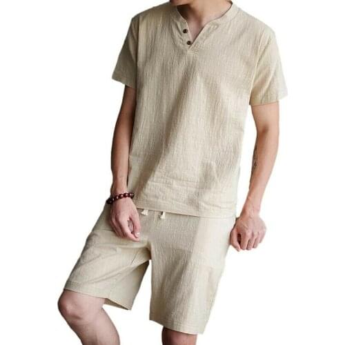 Mens Short Sleeve T-Shirts and Shorts Cotton Linen Outfit 2-Piece Sets Tracksuit C181
