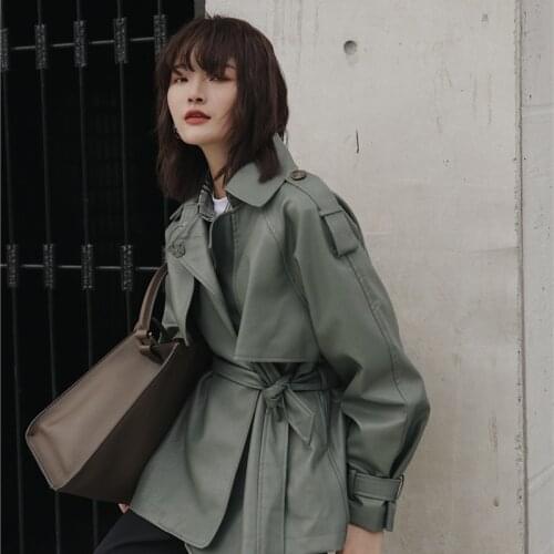 Autumn Harajuku Matcha-green Women Vintage Motorcycle Leather jacket Faux PU Leather jacket With belt Casual Chic Female outwear