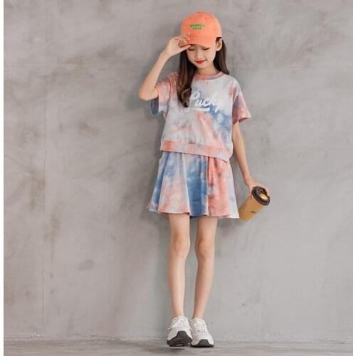 Orange Pink Grren Colors Teenager Kids Sports Set 2021 New Summer Girls Suit Children Tops + Skirt With Shorts Two Pieces Set