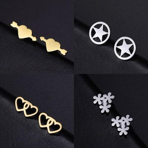 Teamer Korean Fashion Earrings Trendy 2021 Stainless Steel Stud Earrings for Women Pentagram Heart Cross Moon Minimalist Jewelry