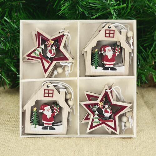 12Pcs Wooden Snowman Santa Claus Ornament for Xmas Tree Decor Indoor Christmas Decorations Hanging Santa Pendant Navidad Gift