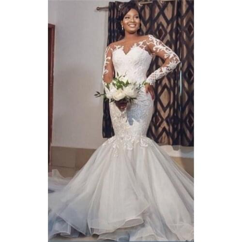 Vintage 2021 Plus Size Mermaid Wedding Dresses Bridal Gowns Jewel Neck Long Sleeve Lace Appliqued Robe de mariée