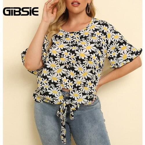GIBSIE Plus Size Tie Hem Daisy Print Top Blouse Women Boho 2021 Summer Casual O-Neck Short Sleeve Pullover Tops Female Blusas