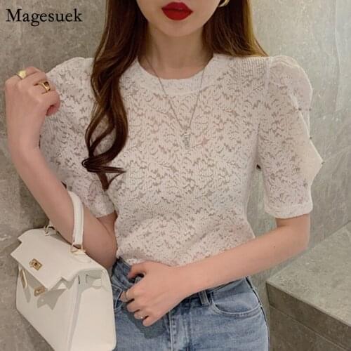 Summer Crochet Lace Puff Sleeve Woman Blouses White Korean Elegant Vintage Womens Shirt See Through Ladies Tops Fashion 13944