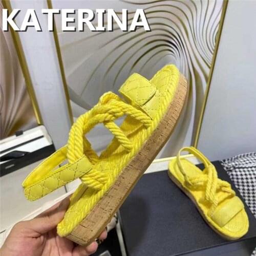 Platform Sandals Woman Real Leather Quilting Nylon Colour Hemp Rope Flat Sole Comfy Sandals Female Summer Sandals Women mujer