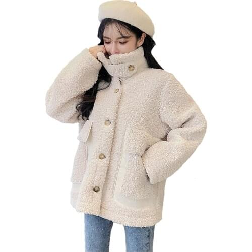 2021 Autumn Winter Warm Jacket Woman Outerwear Korean Loose Thicken Particles Lamb Hair Short Long-Sleeved Parkera Jackets Women