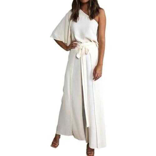 Women Sets Loose Leisure Pants Suits Skew Collar One Shoulder Woman Top Lace Up Wide Leg Pants Two Piece Sets Autumn 2021