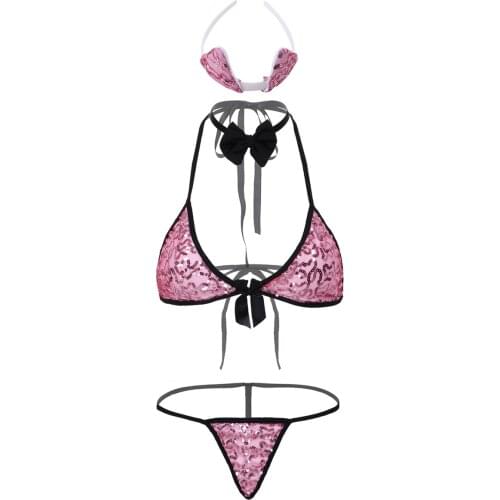 Womens Japan Exotic Girls Sissy Sequins Bikini Lingerie Set Tie Back Bra Top with G-string Briefs Bowtie Masquerade Costumes