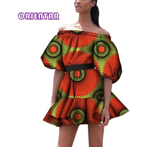 Fashion African Dresses for Women African Wax Print Puff Sleeve Slash Neck Ankara Short Dress Bazin Riche Dashiki Dress WY7492