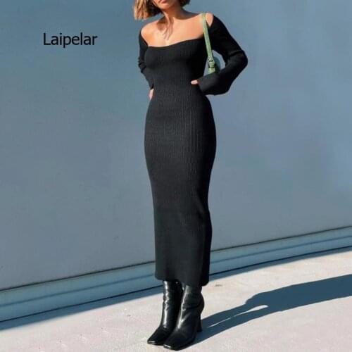 2021 Dresses For Women Sexy Strapless Ribbed Knitted Bodycon Dress Women Winter Long Sleeve Midi Sweater Dress Clothes