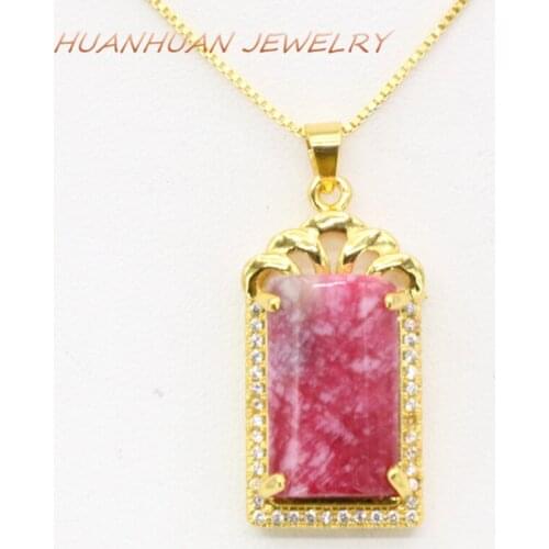 Gold-Color Stainless Steel Chain Pendant For Women Necklaces & Pendants 14x29mm Natural Jades Stone Zircon Inlay Jewelry B3355