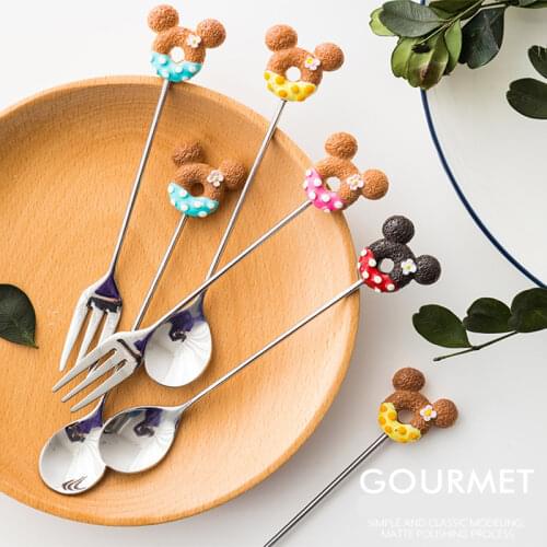 4 Pieces/1 Batch of 304 Stainless Steel Mickey Donut Fork Spoon Ice Cream Coffee Stirring Spoon Dinner Cartoon Tea Set