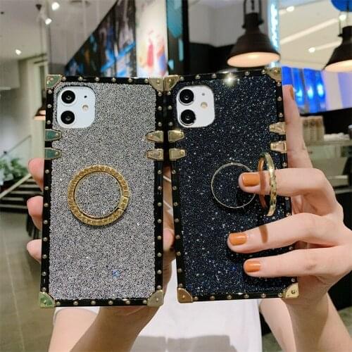 Luxury Glitter Square With Ring Bracket Phone Case For Samsung S20 Plus S10 S9 S8 NOTE10 9 A50 A70 A71 A51 A21S Soft Back cover