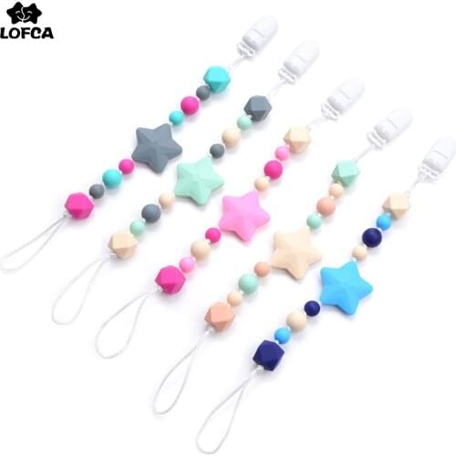 Baby Pacifier Clip Star BPA Free Silicone Beads Teething Necklace Baby Teether Food Grade Chewable Holder Teething Accessory