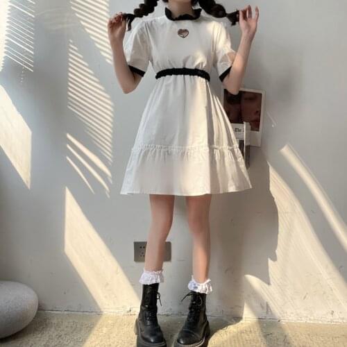 Kawaii Dress Women Summer Sweet Cute Back Hollow Out Dresses Vestidos 2021 New Short Sleeve Casual High Waist Midi Dress Girl