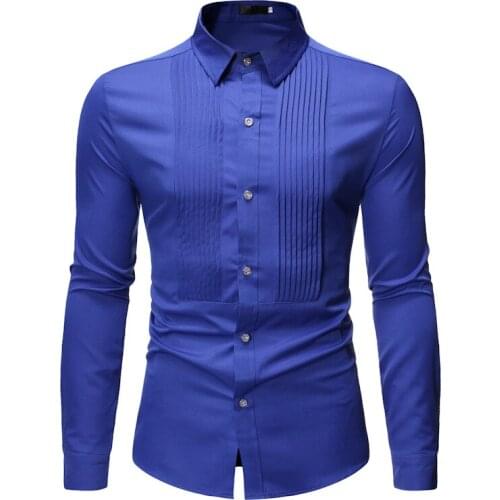 Mens Slim Fit Long Sleeve Tuxedo Dress Shirts Hipster Solid Color Button Up Shirt Men Party Wedding Prom Performing Shirt Male