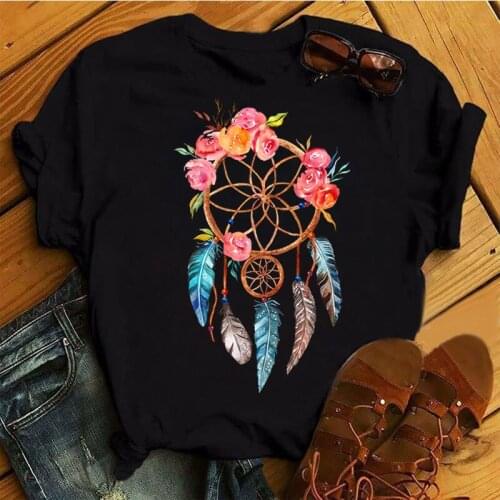 New Women Black T Shirt Watercolor Dreamcatcher Printed Tops Tee Female Casual Tops Ladies Fashion T-shirt Woman Tops Tee Clothe