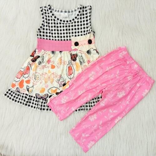 New arrival girl butterfly pattern outfit summer sleeveless girl pink pants match top 2 pieces set fashion children outfit