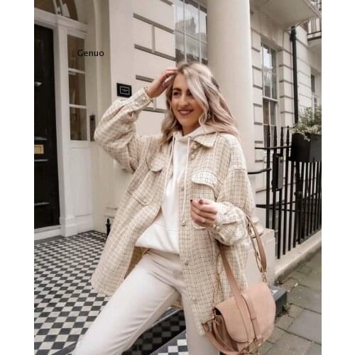Vintage women polyester pearls coats fashion ladies thick plaid coat female streetwear elegant girls oversize jacket chic