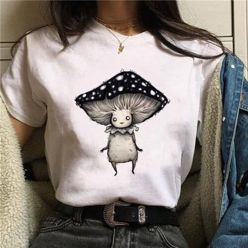 Cute Cartoon Cat Mushroom Print Women T Shirt Short Sleeve Halloween Female Tshirt O Neck Tops Tee T-Shirt Streetwear Clothing