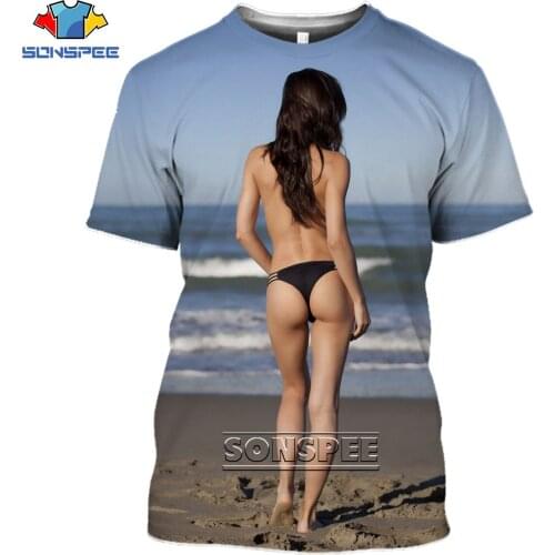 SONSPEE 3D Sexy Bikini Print T-shirt Kneeling Swimsuit Nude Beauty Casual Fashion Summer Mens Oversized Loose Clothing Tops