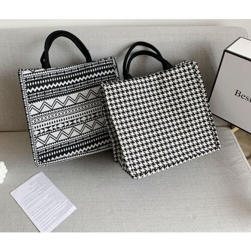 Grid Canvas Bag Single-Shoulder Bag Vintage Canvas Print Shoulder Shopping Bag Women Large Capacity Tote Handbags