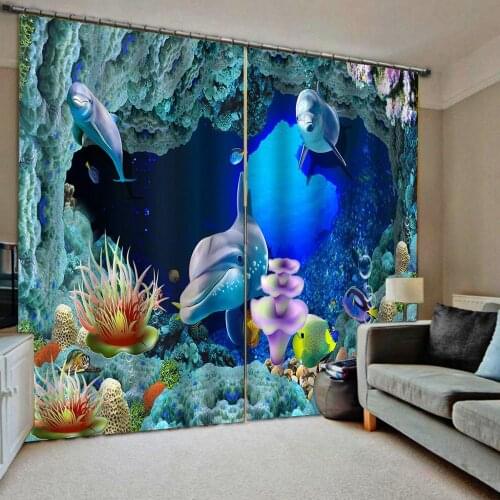 Blue curtains ocean underwater dolphin curtain 3D Curtain Printing Blockout Polyester stereoscopic curtains