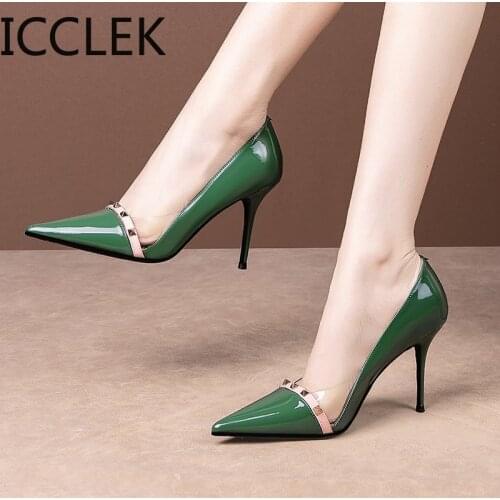Patent Leather Sexy Heels Shoes Pointed Toe Rivet Super High Heels Green Pumps Women Dress Shoes Stilettos 2020 New Fashion