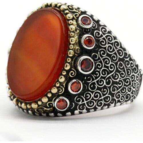 Vintage Turkey Jewelry Men Ring 925 Sterling Silver Natural Red Agate Stone and CZ with Exquisite Carved Women Male Rings Gift
