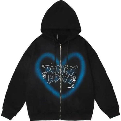 E-girl Korean Fashion Graffiti Heart Letter Bear Printed Y2k Zip Up Women Hoodies Autumn Harajuku Hooded Sweatshirts Outwear 00s
