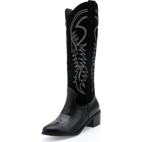 BLXQPYT New 2019 knee high boots women Big size 34-49 winter plush warm zip square heels Fashion Exquisite embroidery 909