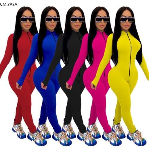 CM.YAYA Solid Zipper Up Long Sleeve Sport Women Jumpsuits Rompers Drape Sexy Night Club Party Elegant One Piece Outfits Playsuit