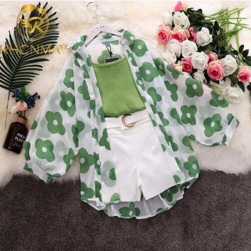 2020 New Summer Womens Knitted Condole belt + Lantern Sleeve Sunprevent Clothes + Wide Leg Shorts 3 Piece Sets Ladies