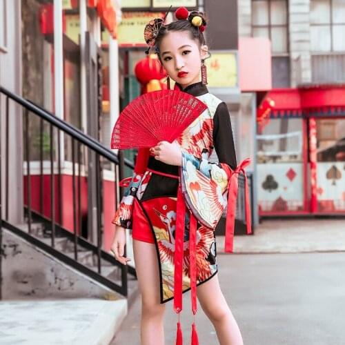 2021 Girls Dance Costume Jazz Performance Clothing Chinese Style Red Hip Hop Clothes Street Dance Wear Stage Outfits DNV14962
