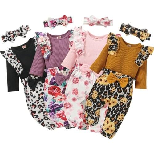 3Pcs Leopard Floral Print Baby Girls Long Sleeve O-Neck Bodysuit Tops+Pants+Headwear Outfit Clothes Sets 0-18M