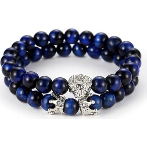 8mm 2PCS/Set x2 elastic adjusted nature blue Tigereye bead micro pave cz zircon cubic zirconia Lion head Crown Bracelet