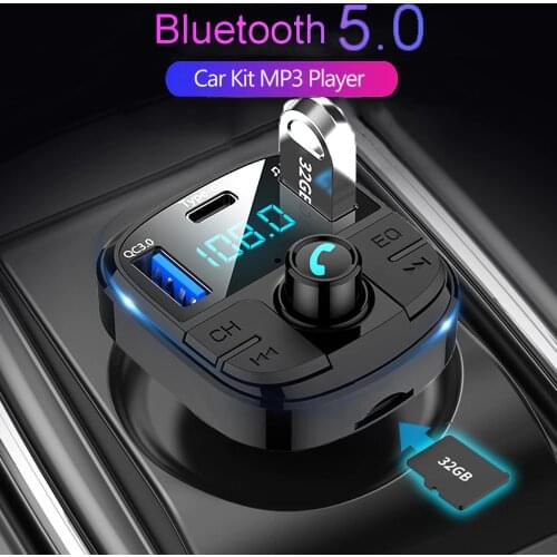 JINSERTA Latest Bluetooth 5.0 Car FM Transimtter QC3.0 Quick Charger Type-c FM Modulator TF USB Pendrive Music Car MP3 Player