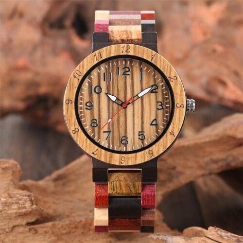 Mens Watch Quartz Mixed Color Wooden Bangle Watch for Male Carving 12-Hours Display Full Wooden Mens Wristwatch reloj New 2020