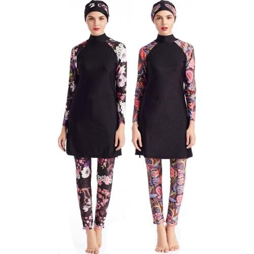 Black Purple Stitching Womens' Muslim Islamic Swimsuit Full Cover Hijab Burkini Swimwear Full Coverage Swimming Beachwear Suit