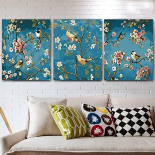 \DIY Oil Painting by Numbers Flowers Bird 40x50cmx3pcs Triptych kits Landscape Pictures by Numbers wall art Home Decor