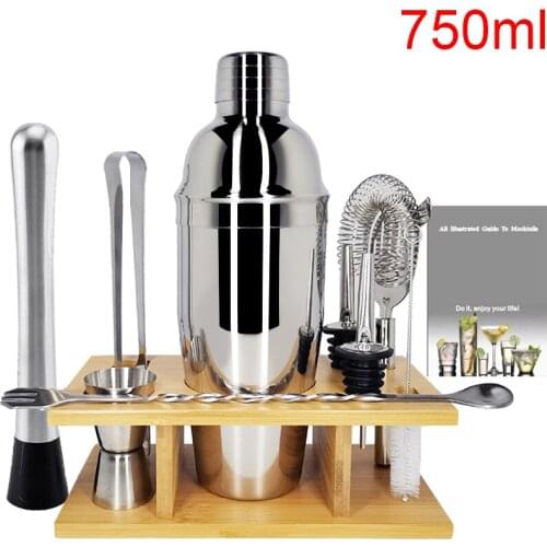 1-9 Pcs Stainless Steel Cocktail Shaker Bar Tools with Muddler Strainer Ice Clip Bottle Stopper Recipe Book Wood Stand