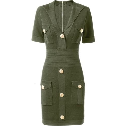 HarleyFashion Women Luxury Design European Style Short Sleeve Skinny Slim Stretchy High Street Solid Army Green Dress
