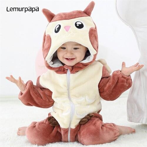 2021 Winter Kigurumis Baby Rompers Clothes Boy Girls Pajamas Animal Cartoon Owl Romper Hooded Costumes Toddler Cosplay Clothes