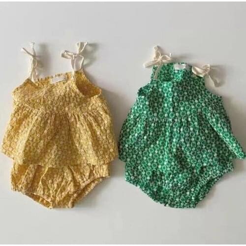 INS Baby Sets New Summer Newborn Girl Little Chrysanthemum Print Cute Tether Sling Top Shorts Suit Infant Two-piece Embroidery