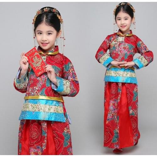 Girls Chinese Folk Dance Costume Traditional Wedding Dress for Kids Ancient Hanfu Costume for Stage Party Clothing 89