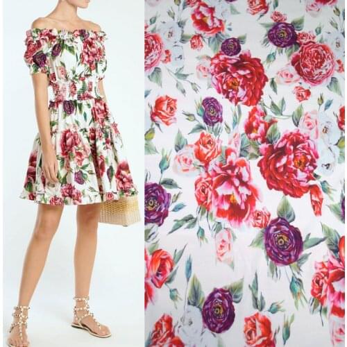 Summer new peony flowers cotton poplin printed fabric shirt dress cotton fabric cotton high-grade clothing cloth wholesale