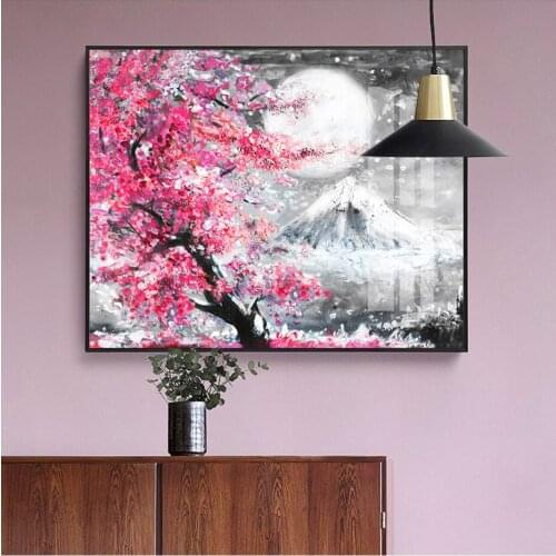 Mount Fuji Cherry Blossom Landscape Japan Canvas Painting Wall Art Poster Oil Prints Pictures for Living Room Kitchen Home Decor