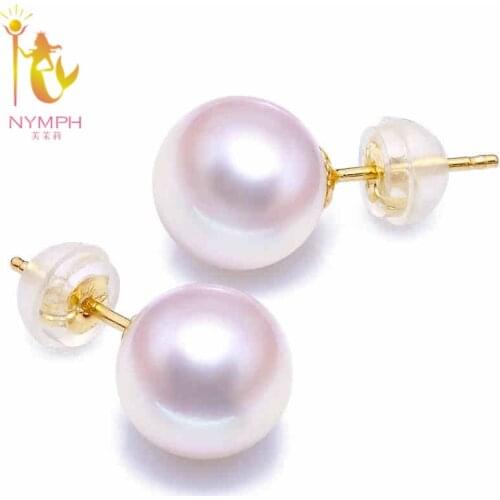 [NYMPH] Pearl Jewelry Fine Jewlery 18K au750 Gold 8-9mm Pearl Earrings Natural Round Freshwater Pearl Wedding For Women E109